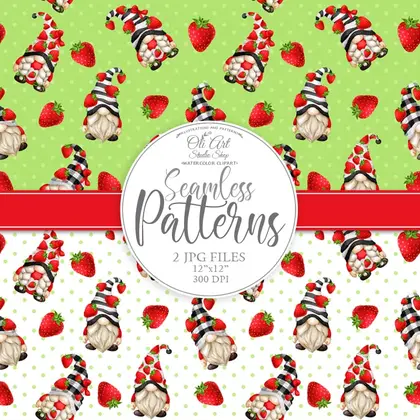 Gnomes strawberry Digital paper cute characters seamless patterns