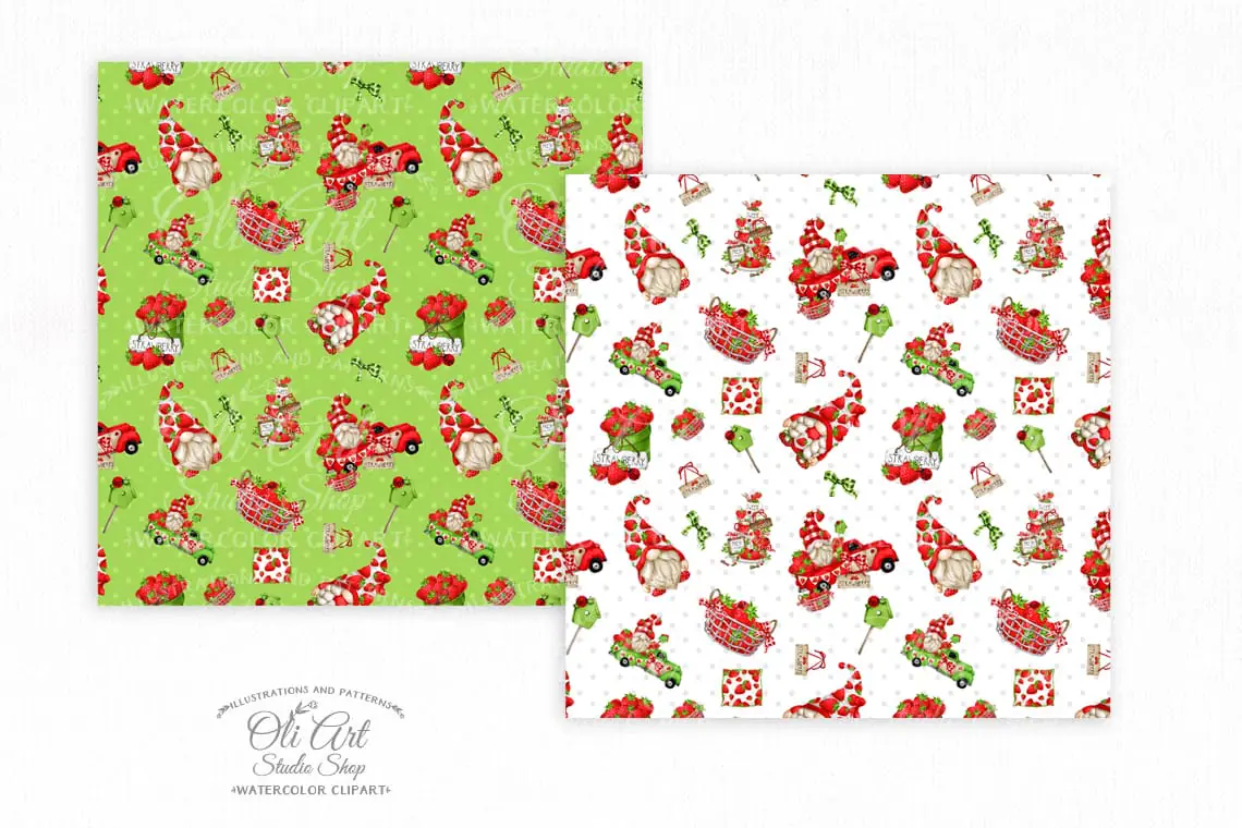Gnomes & strawberry. Truck. Digital paper seamless patterns 2 Gnomes & strawberry. Truck. Digital paper seamless patterns - Image 2