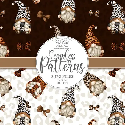 Leopard print. Gnomes. Cute characters seamless patterns.