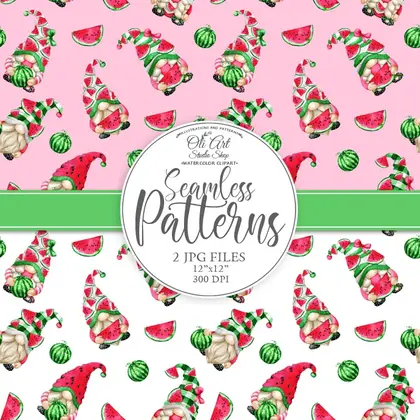 Seamless patterns Gnomes watermelon. Digital paper cute characters