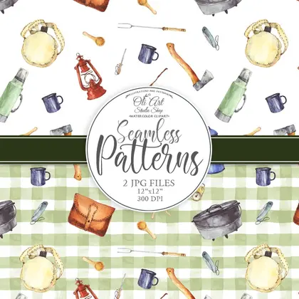 Watercolor clipart Travel camping Digital paper seamless patterns.