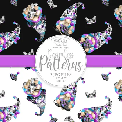 Gnome gamers. Digital paper, cute characters seamless patterns.