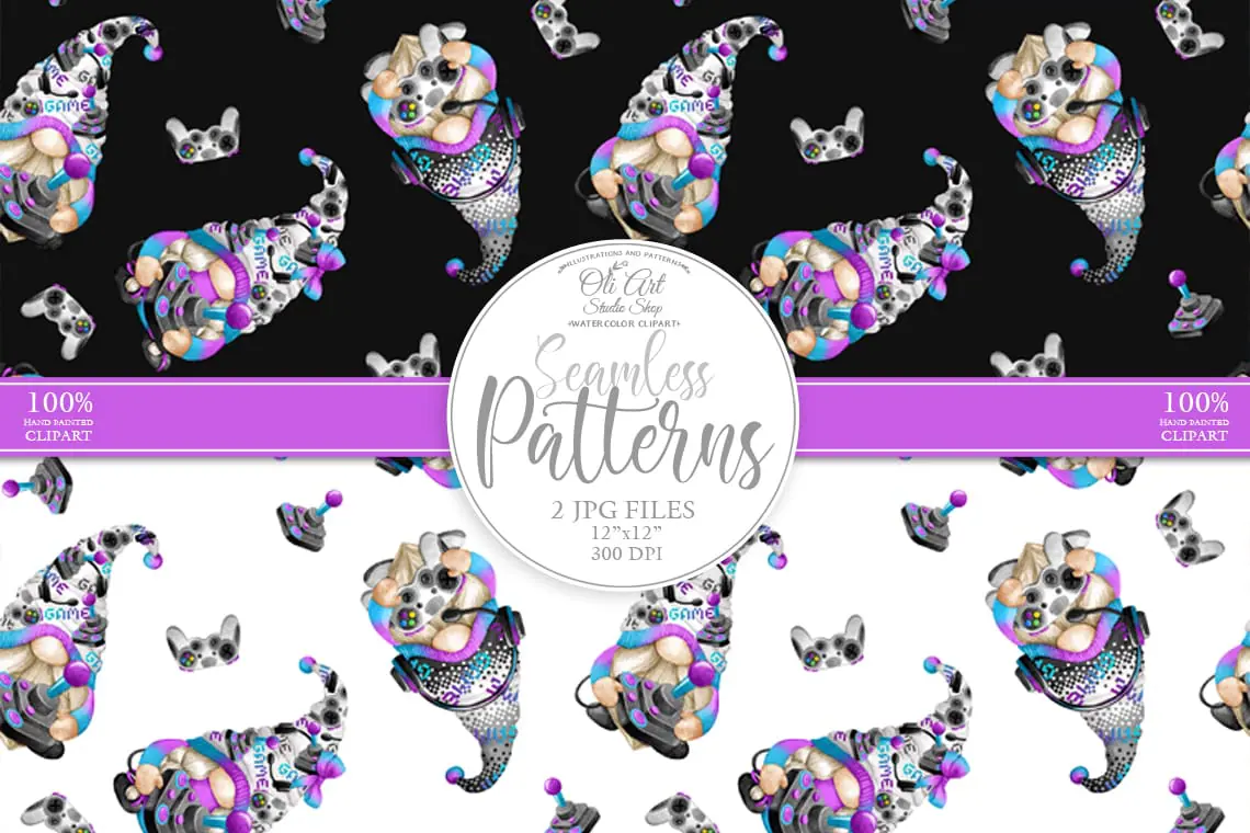 Gnome gamers. Digital paper, cute characters seamless patterns. 1 Gnome gamers. Digital paper, cute characters seamless patterns.