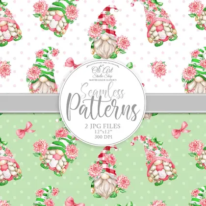 Gnomes & dahlias flowers. Digital paper seamless patterns.