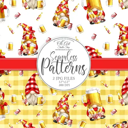 Gnomes & beer. Digital paper, cute characters Seamless patterns.