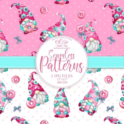Gnomes & donuts. Digital paper, cute character seamless patterns.