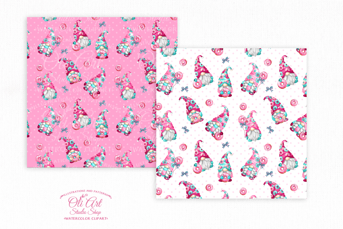 Gnomes & donuts. Digital paper, cute character seamless patterns. 2 Gnomes & donuts. Digital paper, cute character seamless patterns. - Image 2