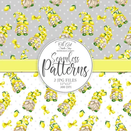 Seamless patterns. Gnomes & Lemons, digital paper, cute characters