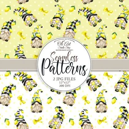 Gnomes & lemon. Cute characters. Digital paper seamless patterns.