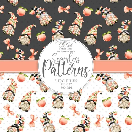 Seamless patterns Gnomes & peaches. Digital paper, cute characters