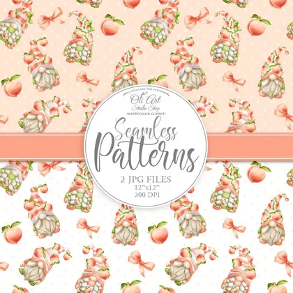 Seamless patterns Gnomes & peaches. Digital paper, cute characters