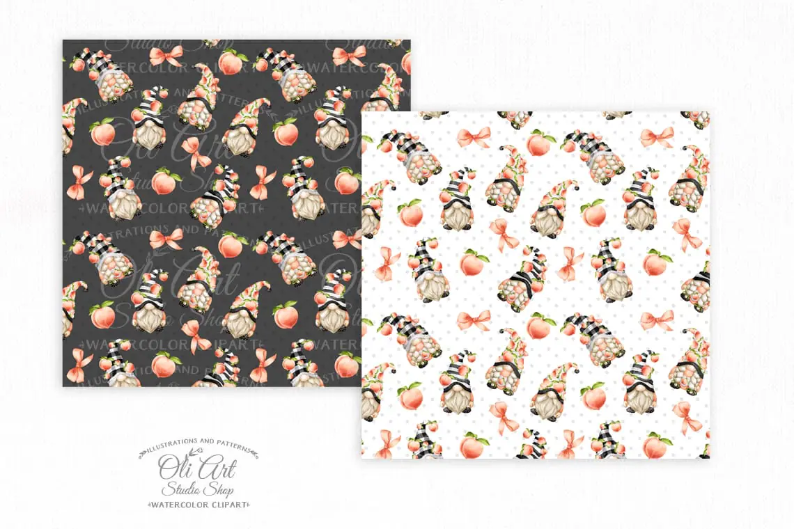 Seamless patterns Gnomes & peaches. Digital paper, cute characters 2 Seamless patterns Gnomes & peaches. Digital paper, cute characters - Image 2