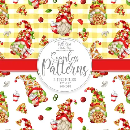 Gnomes & pizza. Digital paper, cute characters seamless patterns.