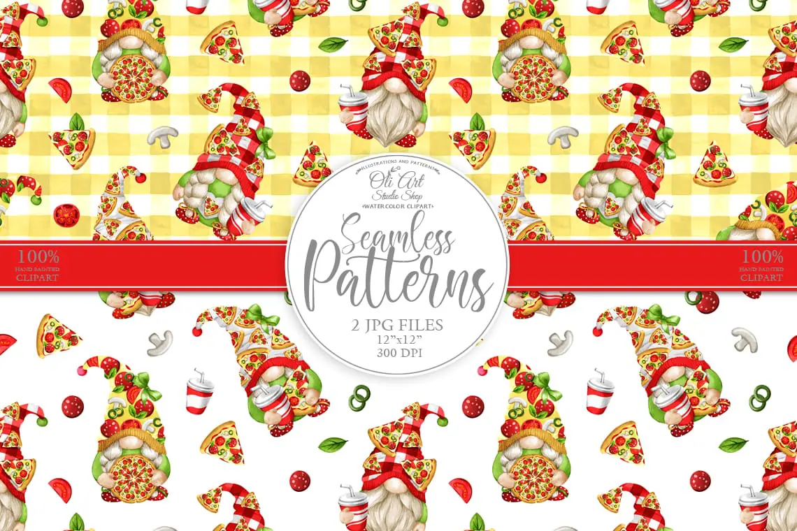 Gnomes & pizza. Digital paper, cute characters seamless patterns. 1 Gnomes & pizza. Digital paper, cute characters seamless patterns.