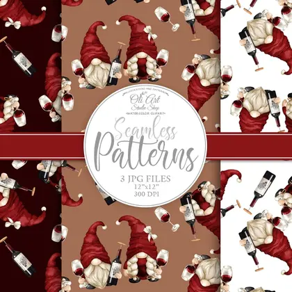 Gnomes & red wine. Digital paper, cute characters.
