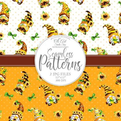 Gnomes & sunflowers Digital paper cute characters gnome sunflowers
