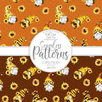 Gnomes & sunflowers Digital paper cute characters gnome sunflowers