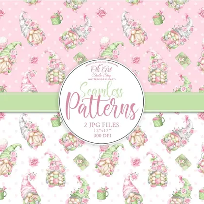 Gnomes with pink flowers. Mother’s Day seamless patterns.