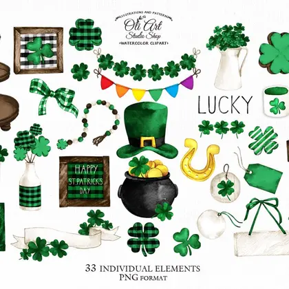 Watercolor St Patricks Day, clipart PNG, shamrock clipart