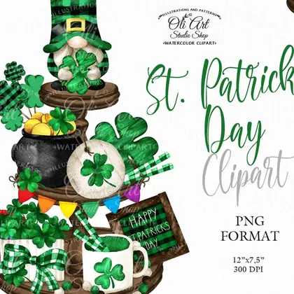 St Patrick’s Day clipart, Rustic Tiered tray, Cute Gnomes Lucky