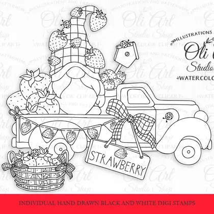 Strawberry gnome digital gnome stamps black and white line art.