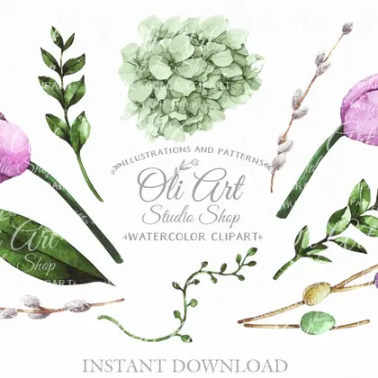 Watercolor spring clipart Tulips and leaves