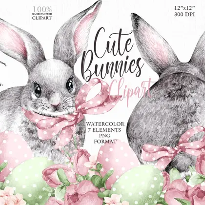 Watercolor Easter Bunny clipart PNG. Easter eggs clipart.