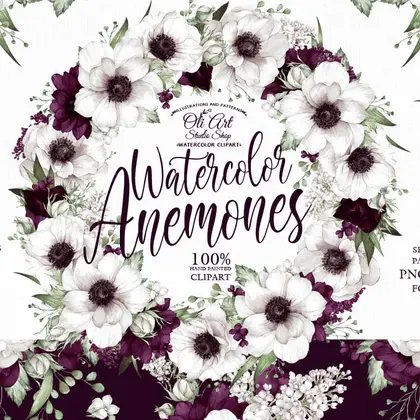 Watercolor Bouquets of burgundy anemones flowers Seamless Patterns