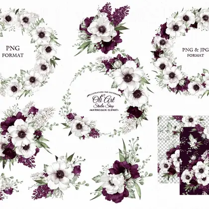 Watercolor Bouquets of burgundy anemones flowers Seamless Patterns