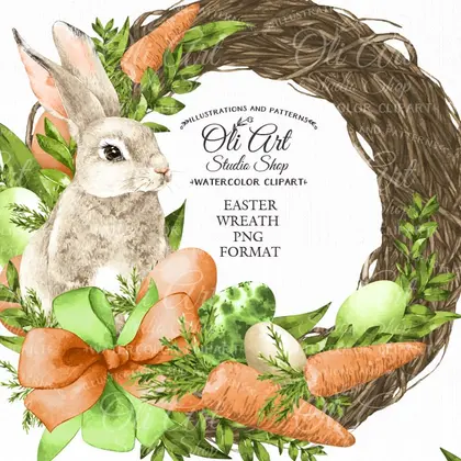 Watercolor Easter wreath, Cute bunny clipart, easter eggs, carrot