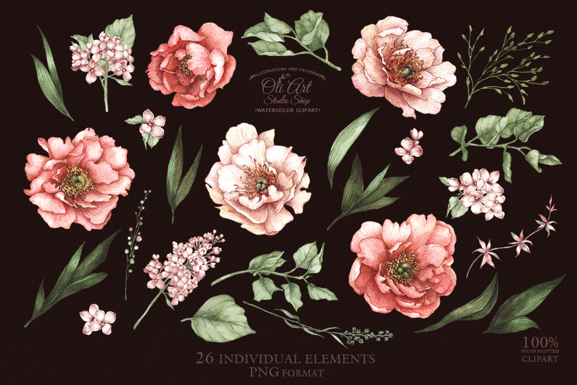 Watercolor flowers clipart. Pink peonies clipart. 4 Watercolor flowers clipart. Pink peonies clipart. - Image 4
