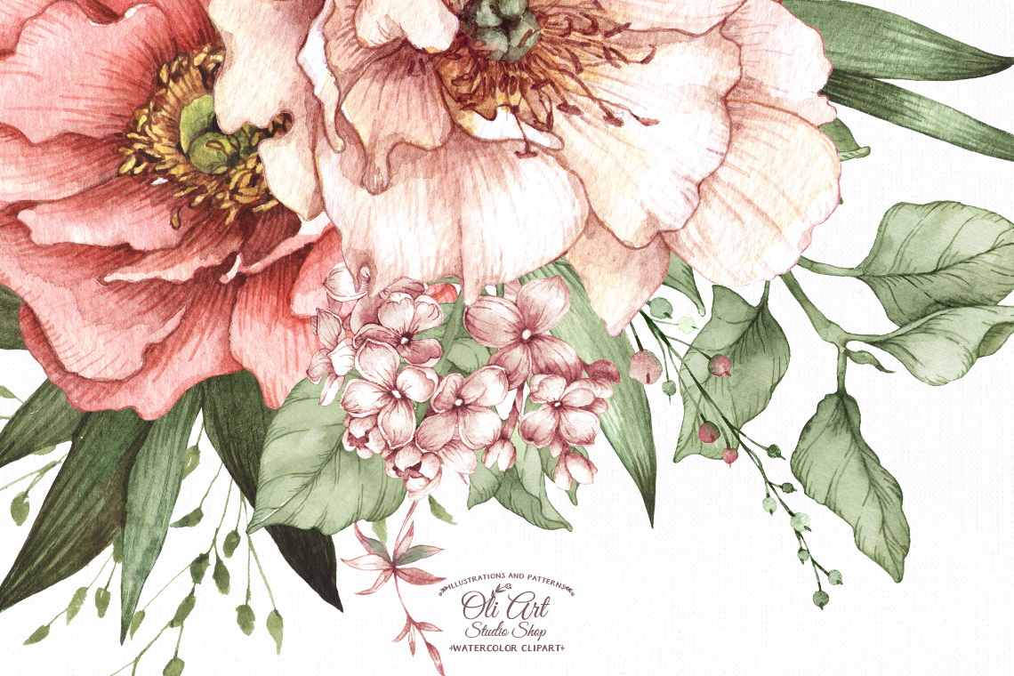 Watercolor flowers clipart. Pink peonies clipart. 5 Watercolor flowers clipart. Pink peonies clipart. - Image 5