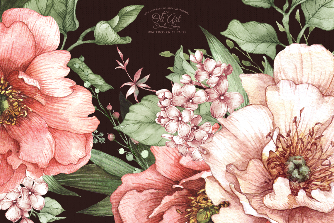 Watercolor flowers clipart. Pink peonies clipart. 2 Watercolor flowers clipart. Pink peonies clipart. - Image 2