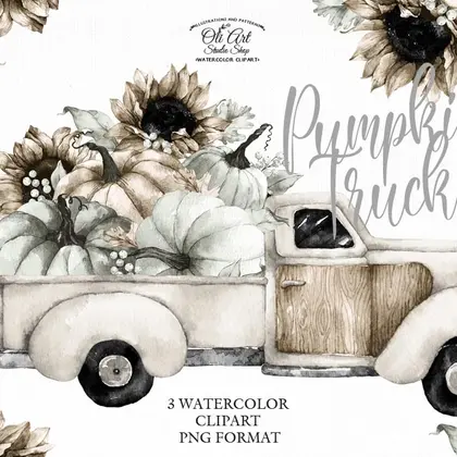 Pumpkin Truck. Sunflower. Fall, Halloween, Hand painted clipart