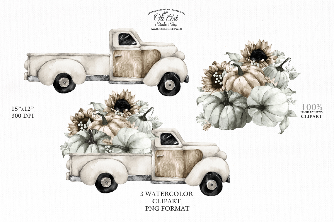 Pumpkin Truck. Sunflower. Fall, Halloween, Hand painted clipart 2 Pumpkin Truck. Sunflower. Fall, Halloween, Hand painted clipart - Image 2