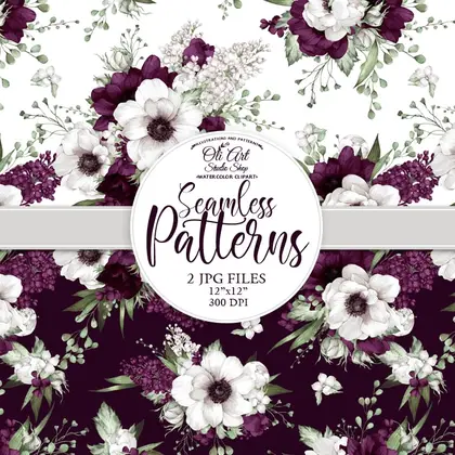 Seamless Patterns. Burgundy Anemone Flowers. Hand Drawn graphics