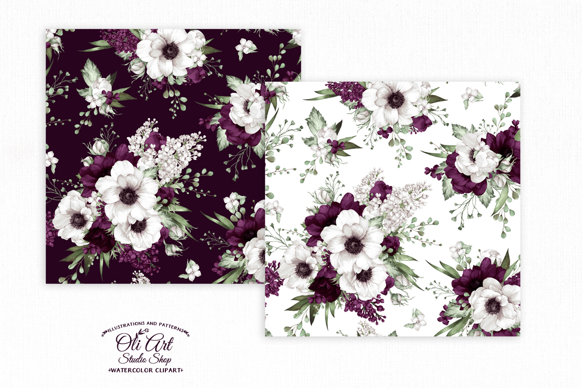 Seamless Patterns. Burgundy Anemone Flowers. Hand Drawn graphics 2 Seamless Patterns. Burgundy Anemone Flowers. Hand Drawn graphics - Image 2
