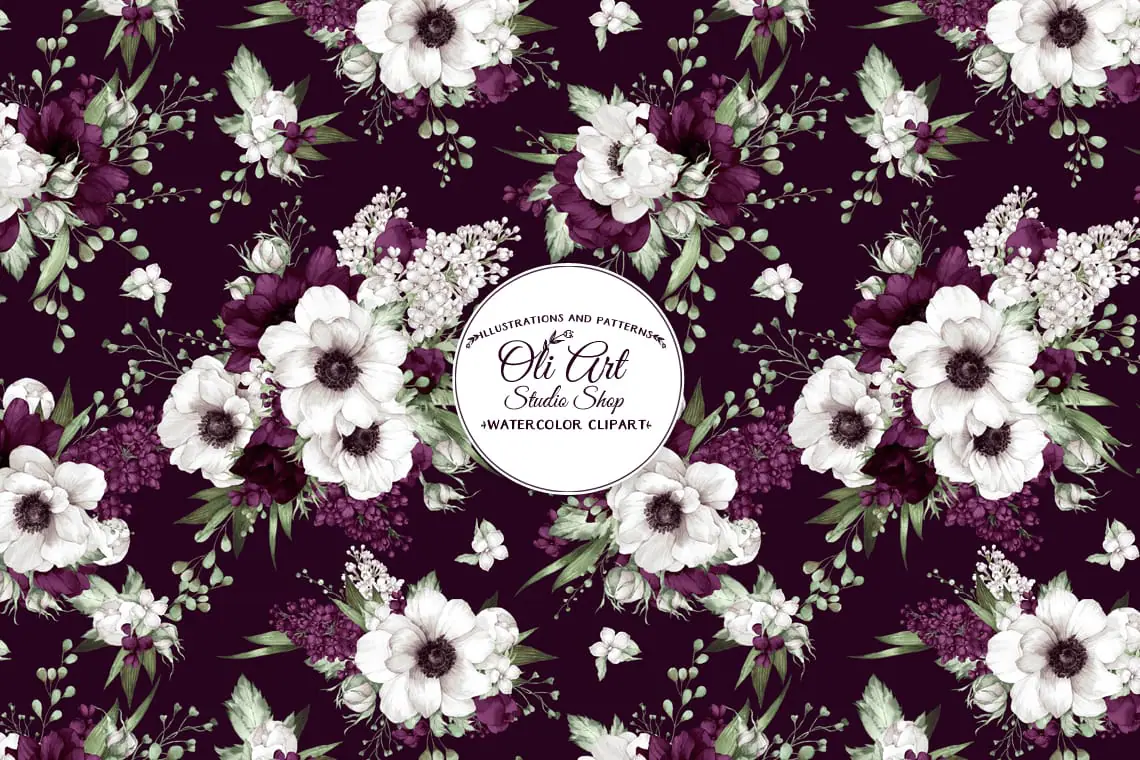 Seamless Patterns. Burgundy Anemone Flowers. Hand Drawn graphics 3 Seamless Patterns. Burgundy Anemone Flowers. Hand Drawn graphics - Image 3
