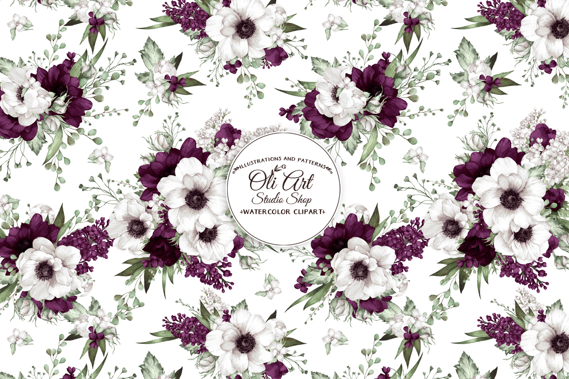 Seamless Patterns. Burgundy Anemone Flowers. Hand Drawn graphics 4 Seamless Patterns. Burgundy Anemone Flowers. Hand Drawn graphics - Image 4