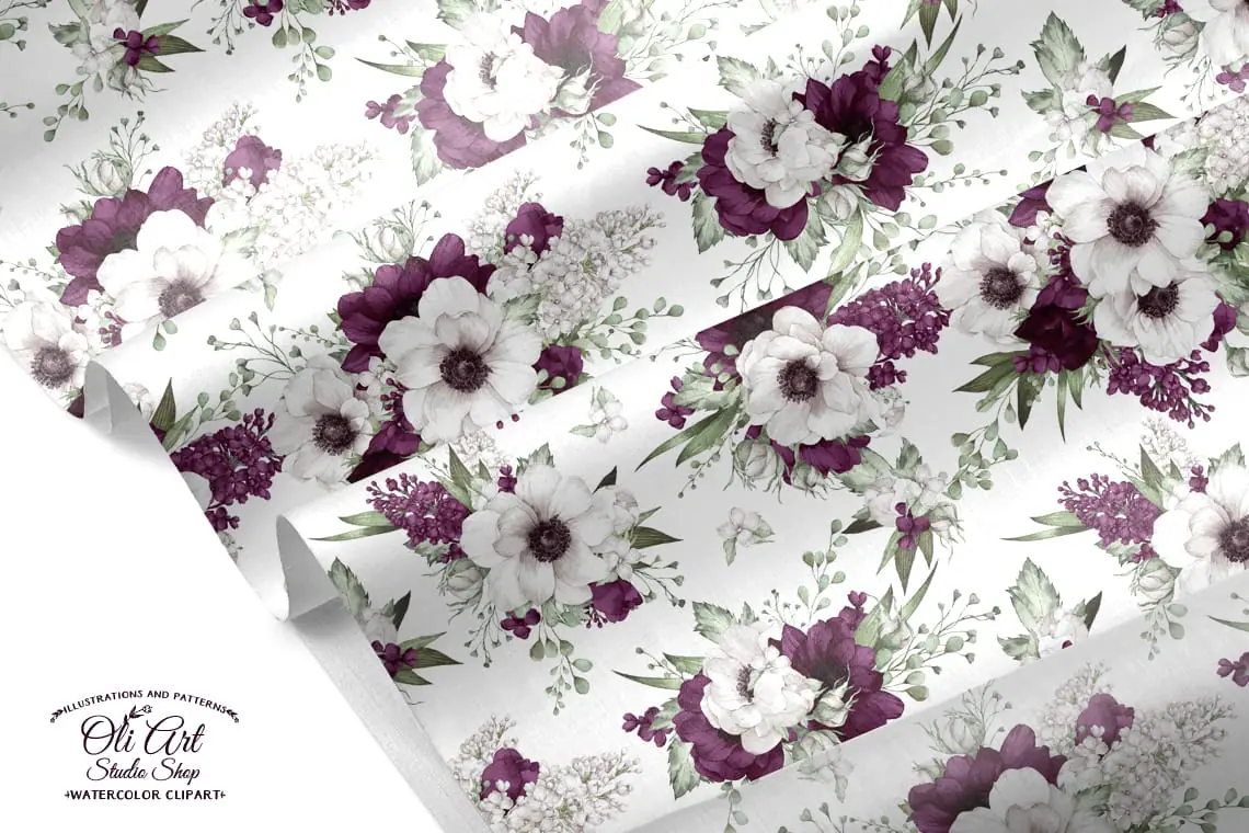 Seamless Patterns. Burgundy Anemone Flowers. Hand Drawn graphics 5 Seamless Patterns. Burgundy Anemone Flowers. Hand Drawn graphics - Image 5