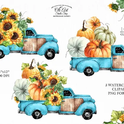 Watercolor Truck with Pumpkins and Sunflower. Fall clipart