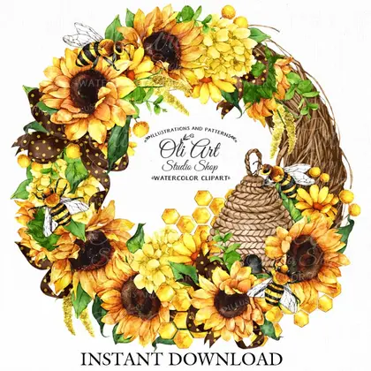 Watercolor wreath, sunflowers, bees, clipart PNG, floral frame
