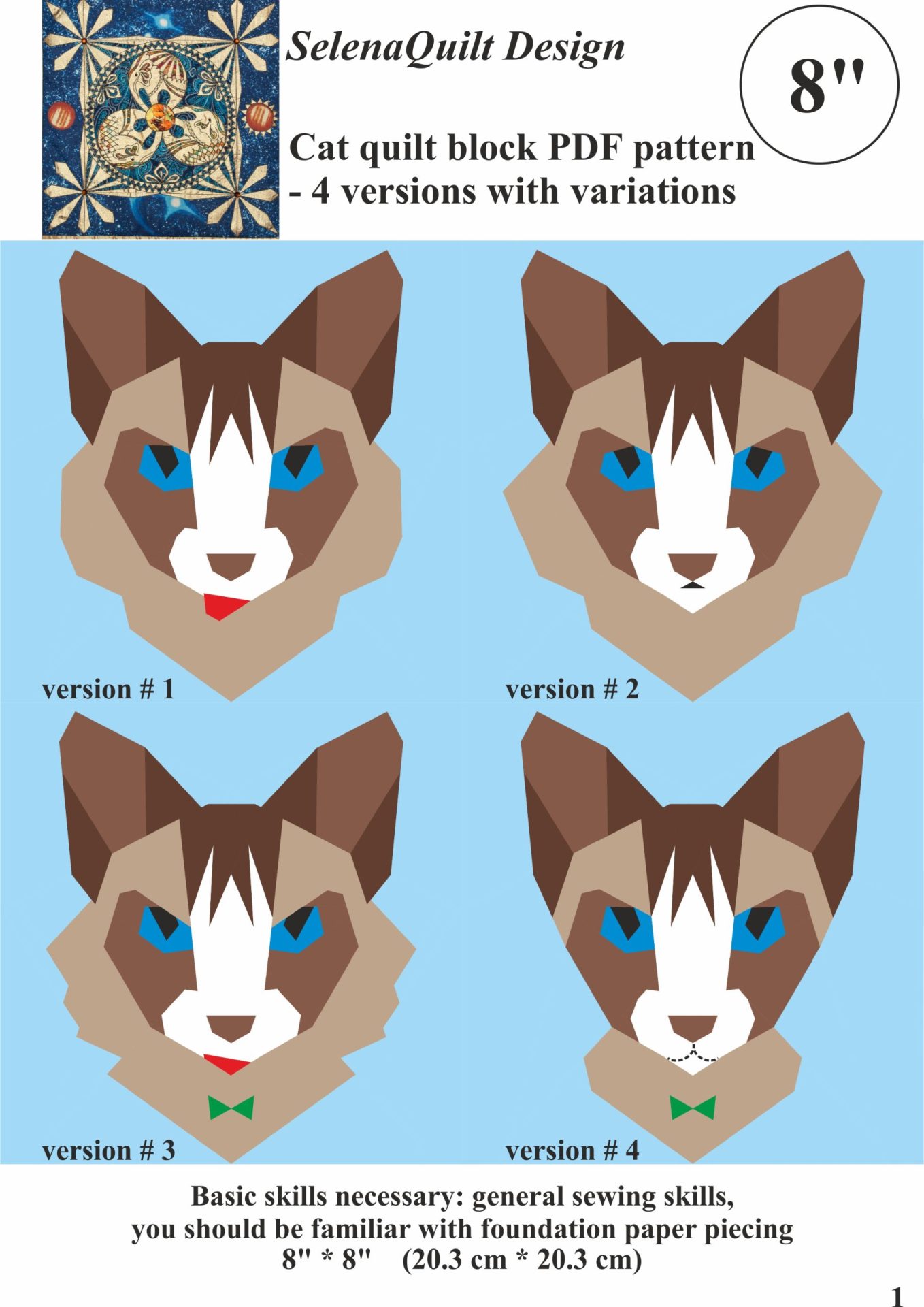 8in Cat Quilt Block PDF Pattern (4 versions) Paper Piecing 2 8in Cat Quilt Block PDF Pattern (4 versions) Paper Piecing - Image 2