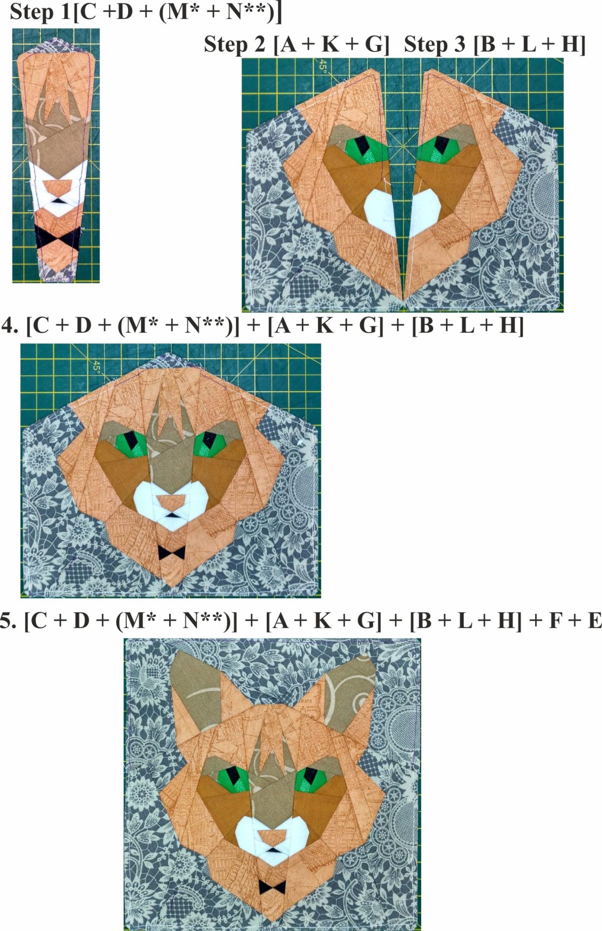 10in Cat Quilt Block PDF Pattern (4 versions) Paper Piecing 5 Cat Quilt Block PDF Pattern