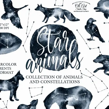 Watercolor constellation art. Animals and stars collection