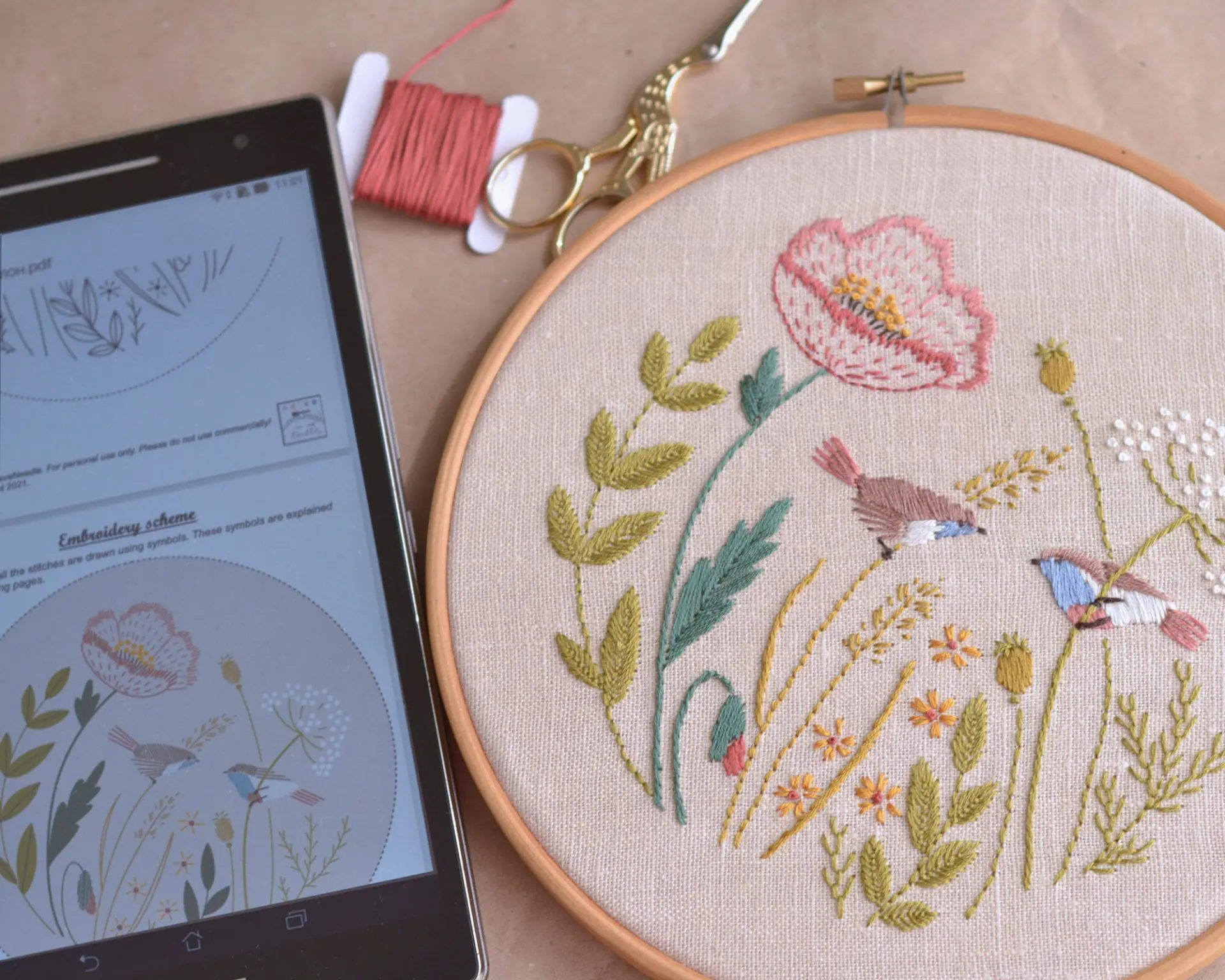 Floral hand embroidery pattern PDF. Poppy flowers & birds 6 Floral hand embroidery pattern PDF. Poppy flowers & birds - Image 6