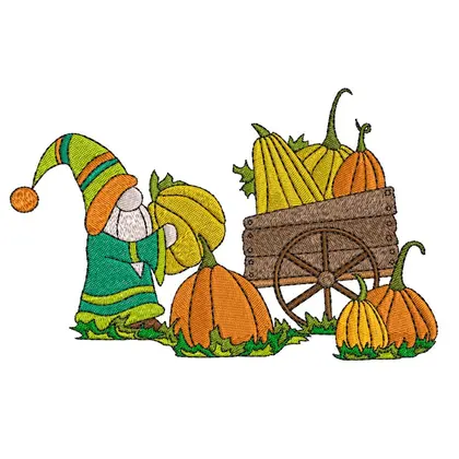 Embroidery Design Fall Gnome With a Cart and Pumpkins