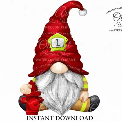 Firefighter Gnome clip art png, digital download