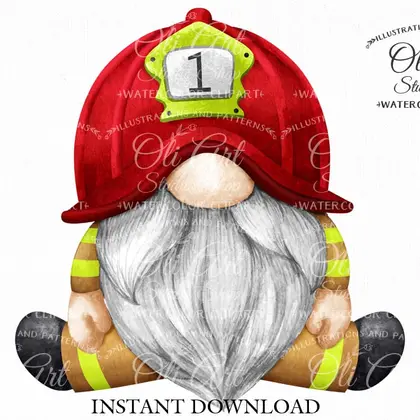 Firefighter Gnome clip art png digital download Hand Drawn graphics