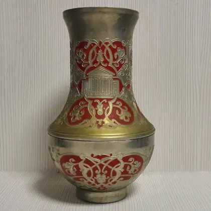 Soviet Vintage Brass Vase with Paintingl. Rare Antique Vase USSR